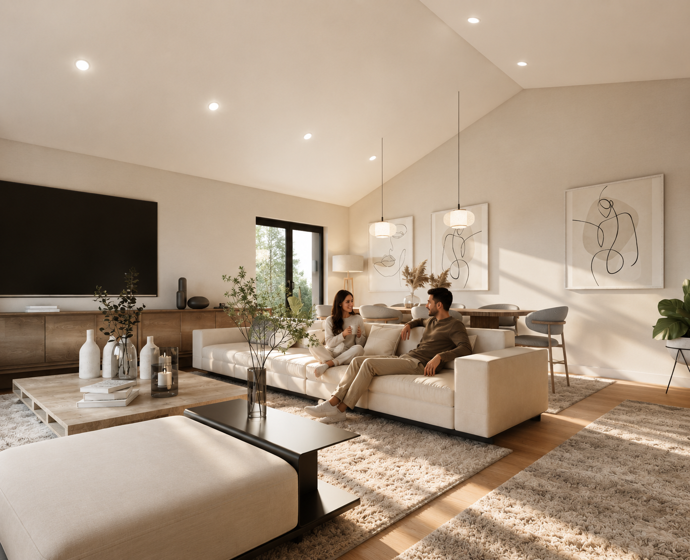 Render arquitectónico 3D fotorrealista de villa contemporánea al atardecer